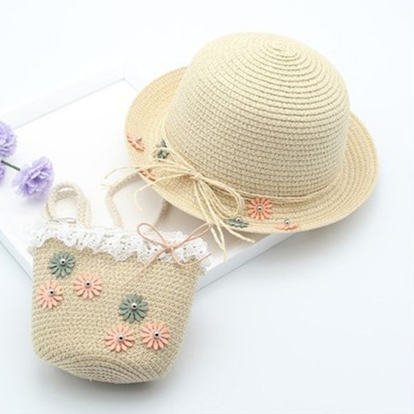 

comfortable beach with bag boys girls travel attractive straw flower summer children fashion sun hat set foldable sunscreen, Blue;gray