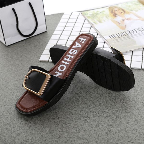 

summer slippers women 2019 new fashion women summer flat heel square buckle sandals slipper casual shoes flat casual beach v7, Black