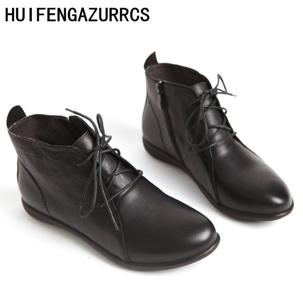 

huifengazurrcs-original design vintage women's shoes,leather short boots, flat bottomed boots,japanese single boots, Black
