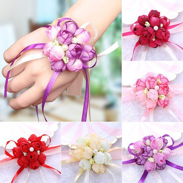 

fashion wedding imitation wrist flower bridesmaid sisters wrist corsage decorative flower bridal prom hand flower bracelet t2i5393