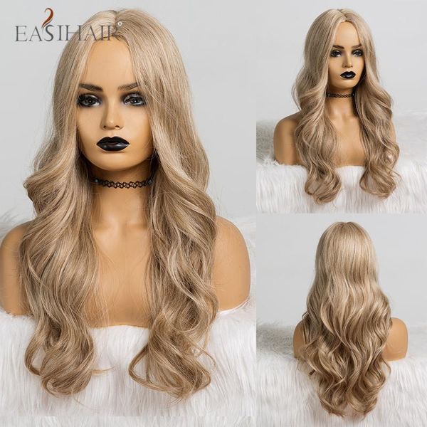 

easihair long wavy blonde ombre synthetic wigs female middle part heat resistant fiber wigs for african america women, Black