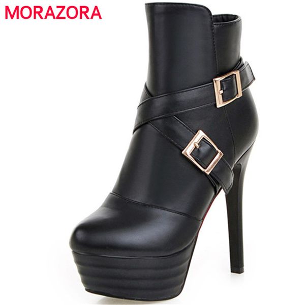 

morazora pu soft leather spuer heels shoes woman in spring autumn ankle boots lady platform shoes solid zip big size 34-45, Black