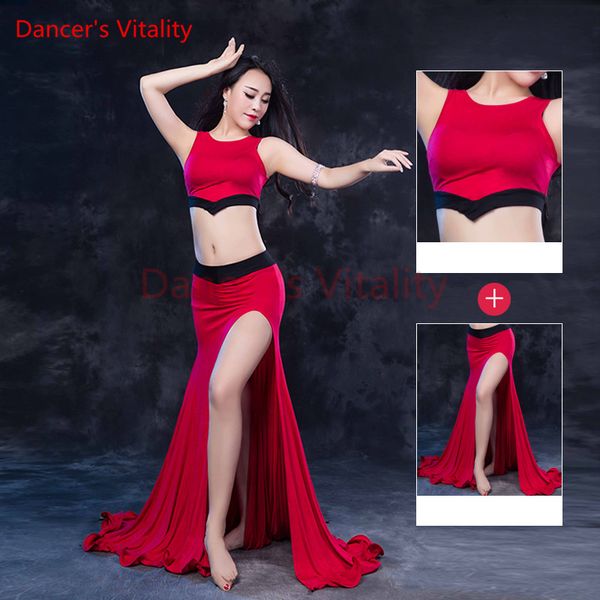 

dancer's vitality belly dance costume round neck harness lace right open skirt belly dance dress for costume, Black;red
