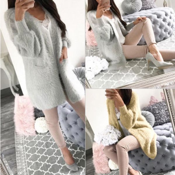 

new casual loose wool blend pocket cardigan solid gray khaki long sleeve womens open knitwear warm autumn winter coat, Black