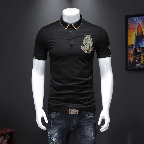

black embroidery shirt men 2020 fashions cotton stretch short sleeve t shirt quality plus size mens shirts, White;black