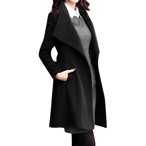 

women plus size s- xxl woollen blends overcoats 2019 autumn winter long sleeve casual oversize outwear jackets coat abrigo mujer, Black