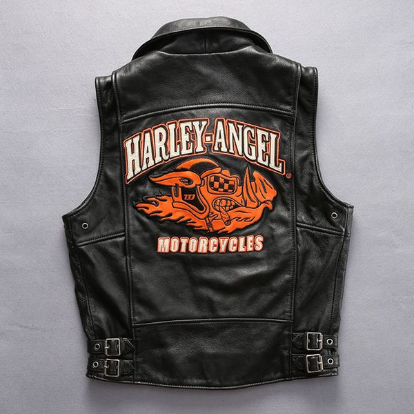 

2019 men's slim fit sleeveless motorcycle jacket with lucky pig pattern black cowskin fashion leather vest men biker vest male