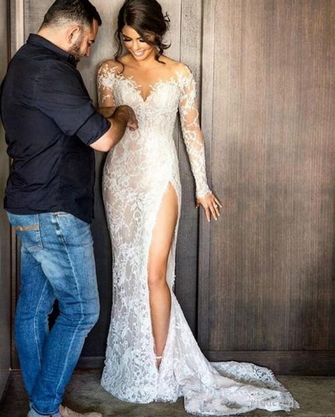

2019 new split lace wedding dresses with detachable skirt long sleeves sheath illusion back high slit overskirts bridal gowns custom 1208, White