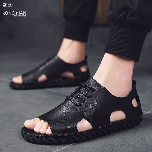 

summer men's genuine leather gladiator sandals daily outdoor black beach rome sandals hard-wearing mens casual rubber