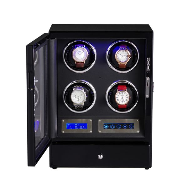 

высококачественная твердая древесина модернизированная механическая моталка часов со светодиодной подсветкой пульт дистанционного управления, Black