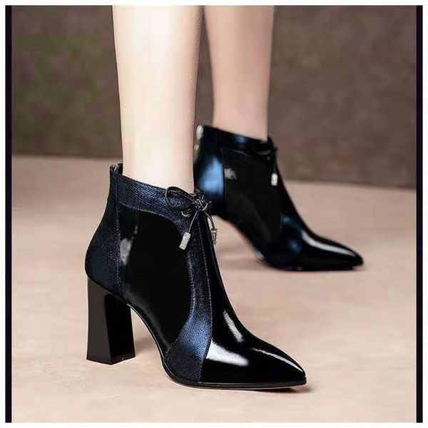 

women ankle boots high heel shoes short boot fashion spring autumn casual leather pointed toe shoes party ladies, Black