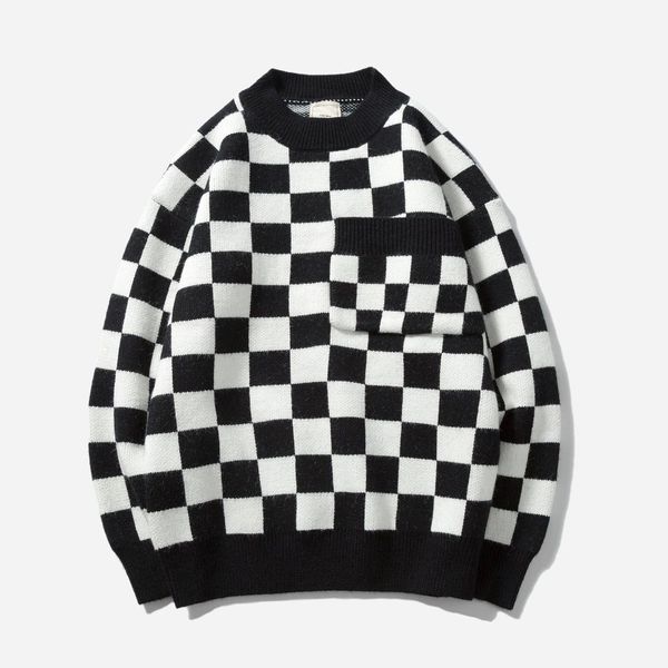 

клетчатые crewneck с длинным рукавом осень зима мужчины свитер hip hop streetwear, White;black