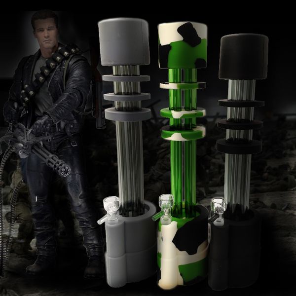 Vendita calda 13 pollici Gatling Silicone Bong Tubo dell'acqua Bong in silicone Dab Rigs Tubi per pistola in vetro con ciotola di vetro 14mm spedizione gratuita