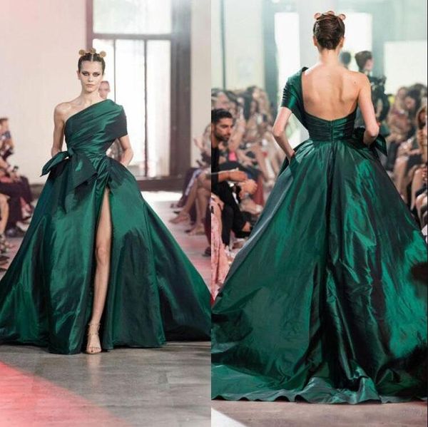 2020 Elie Saab Dunkelgrün Abendkleider Eine Schulter Arabisch Sexy High Side Split Formale Frauen Prom Kleider Vestidos De Novia Sweep Zug