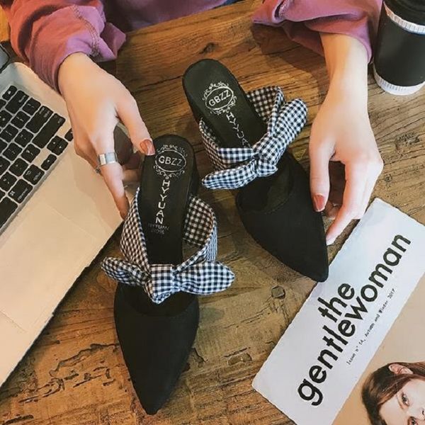 

platform woman's slippers pointed toe butterfly-knot slides wedges high heels shoes designer for ladies female elegant shoes, Black