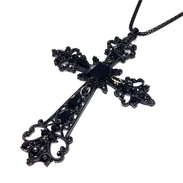 

gem large black cross necklaces & pendants collares vintage gothic style long crucifix necklace for women collier joyeria mujer, Silver