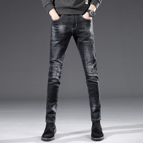 

autumn winter men jeans model high elastic feet pencil pants tide youth fashion simple men's full length pants denim trousers, Blue