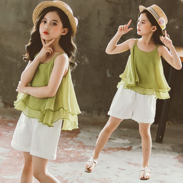 

girls summer clothing set 2020 new style chiffon strap children casual two-piece suits shorts kids outfits baby girls clothes, White