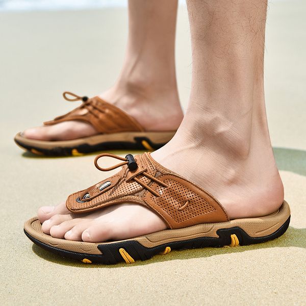 

мужчины вьетнамки летний пляж сандалии тапочки мужчины flats non-slip обувь из натуральной кожи открытый повседневный вьетнамки обувь, Black