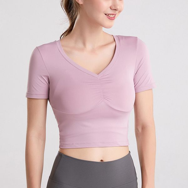 

deep v neck chest fold design women running yoga short sleeve shirts slim crop dancing sports t shirts fitness gym, White;red
