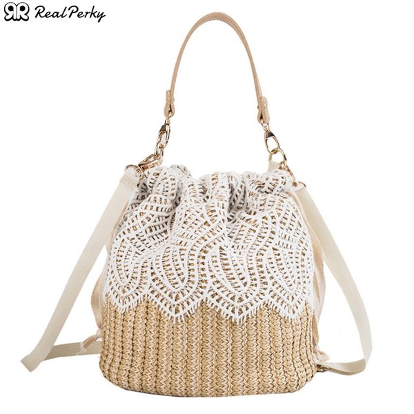 

realperky women lace bucket shoulder crossbody female new fashion straw bags laides bohemian summer handmade woven beach bags