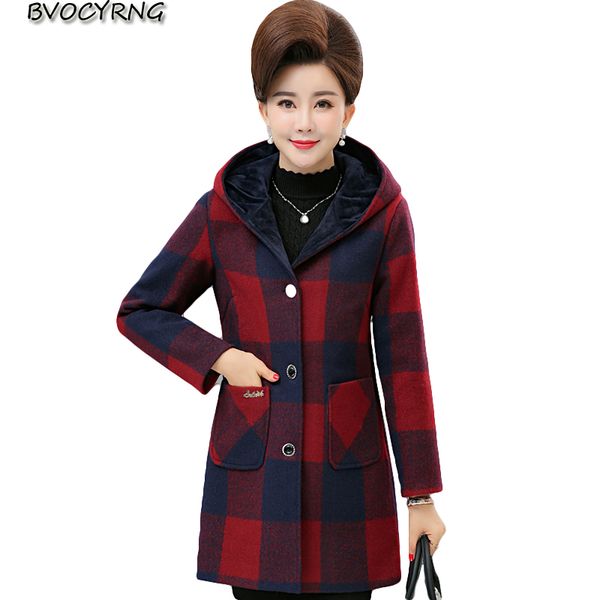 

women's wool & blends middle-aged women coats grid winter warm coat female autumn plus size hooded parka of long slim outerwear k0069, Black