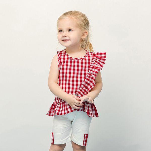 

baby clothes kids clothing toddler kids baby girls sleeveless plaid prtint frill + shorts outfit, White