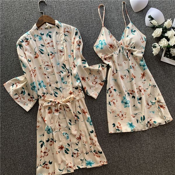 

2020 summer women satin robe & gown sets female flower print v-neck pijama sleeveless nightwear with chest pads pyjama, Black;red