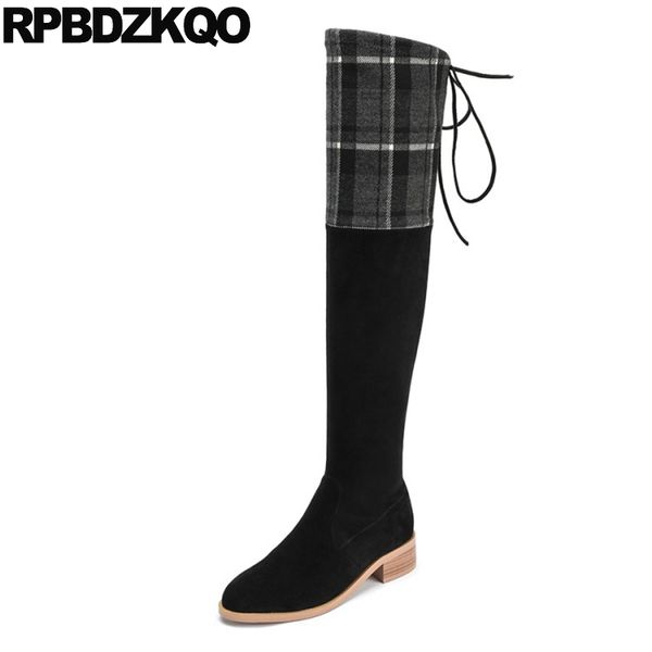 

suede slim thigh women boots stretch chunky plaid fur winter black casual round toe low heel tall long shoes over the knee