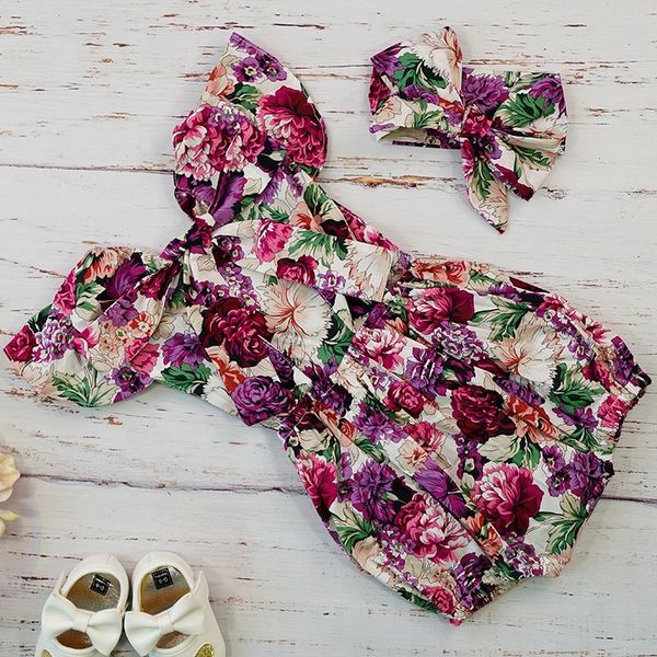 

newborn infant baby girl clothes set kids purple floral vintage romper costume pgraphy summer 2019 cotton jumpsuit for baby, Blue