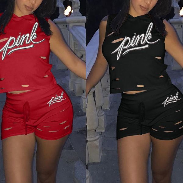 

2020 pink letter print women sport set two piece set hollow short & tank casual outfit tracksuit women two pcs sportwear, White;red