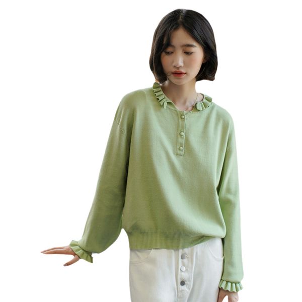 

spring sweet ruffled women solid color sweater preppy style lapel long sleeve female knitted pullovers, White