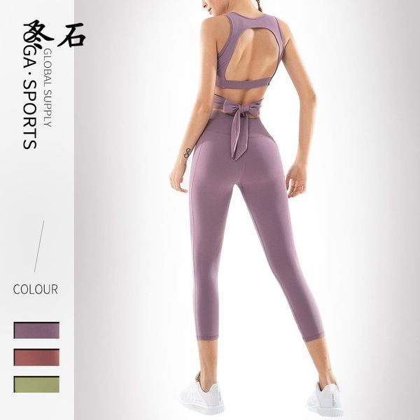 

yoga outfits 2pcs open back set women fitness running sports bra +workout leggings gym sportswear suit, White;red