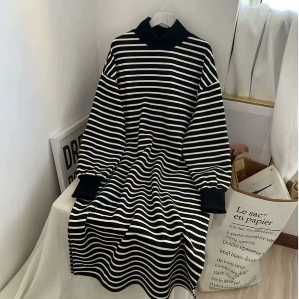 

ewq]2020 spring new full sleeve striped turtleneck plus velvet thick cotton pullovers dress plus size women track dresses qz322, Black;gray