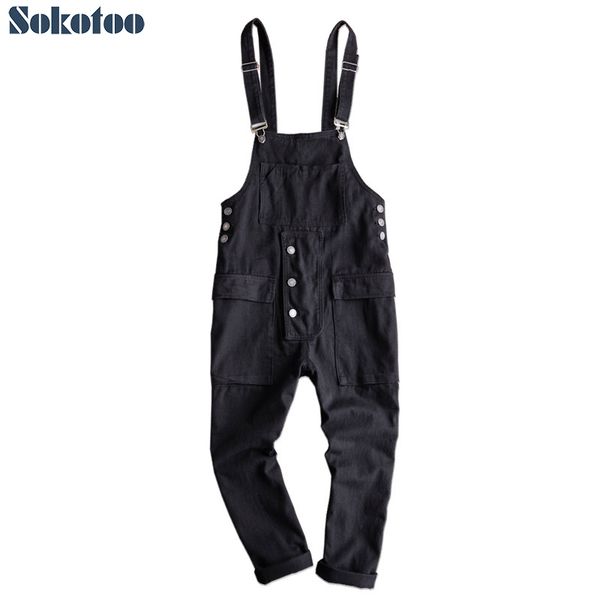 

men's loose pockets cargo hip hop bib overalls coveralls suspenders jumpsuits black khaki, Blue