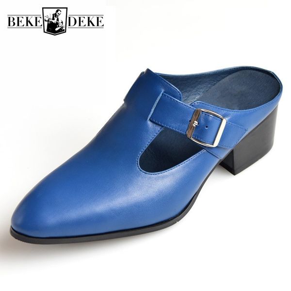 

mens slippers sandalias summer genuine leather office shoes fashion pointed toe heels sandals black/blue dress