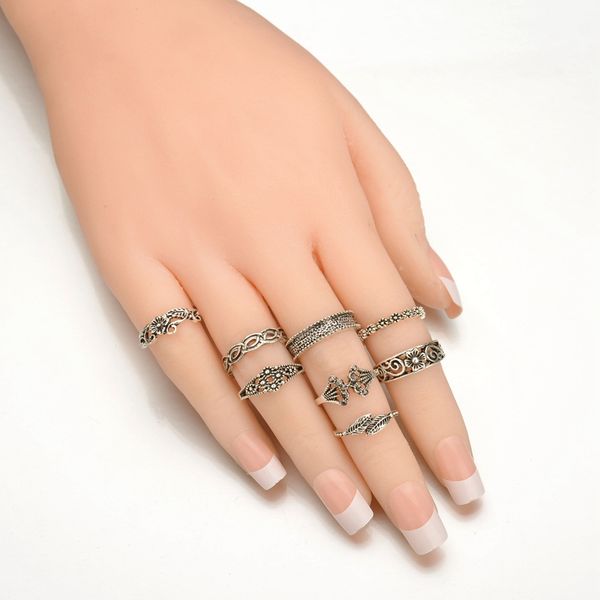 

finger ring set antique bohemian jewelry totem flowers rhinestone geometric leaves 8pcs/sets of ring beach jewelry r502, Golden;silver