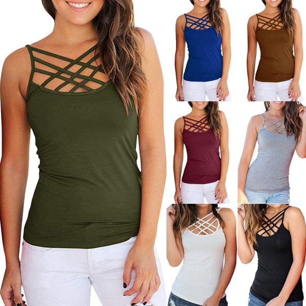 

women fashion summer 2019 solid 7 colors sleeveless criss cross tank femme two ways wearing female clothes black white