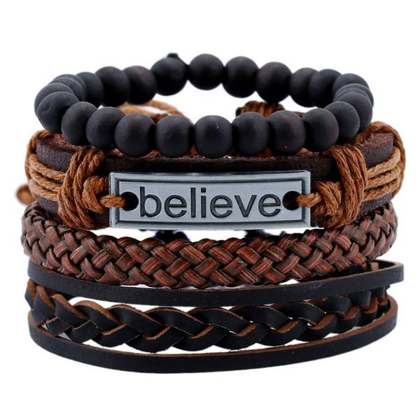 

2019 explosive models believe word leather men's bracelet multi-piece suit retro personality woven hand rope leather jewelry, Golden;silver