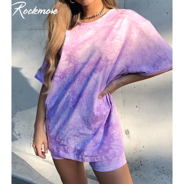

rockmore tie dye women long shirts plus size blue o-neck tshirts short sleeve harajuku streetwear loose basic t-shirt pink, White