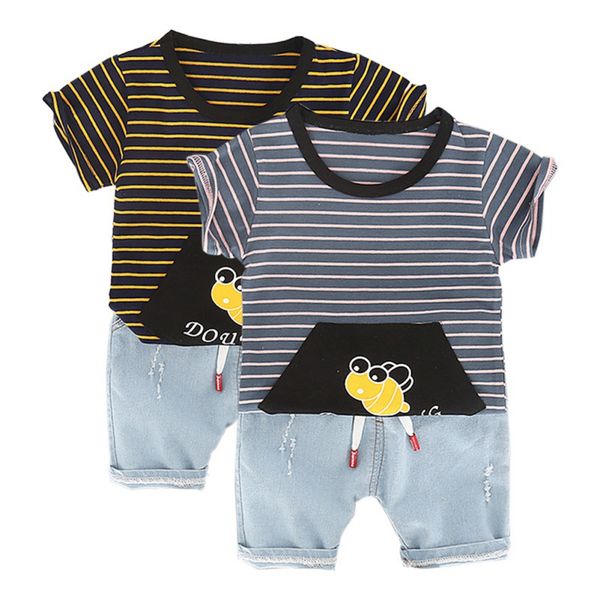 

2019 summer new casual baby boy girl set short sleeve striped cartoon print shirt t-shirt + shorts children casual clothing suit, White
