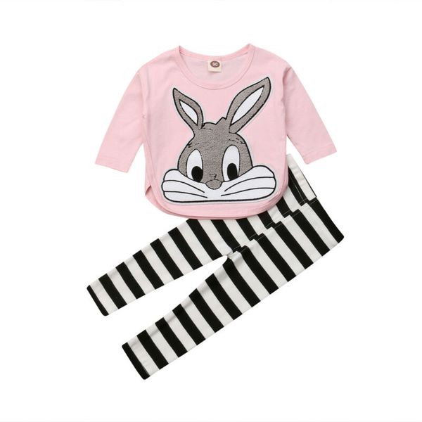 

toddler kids infant baby girls cartoon printed long sleeve shirt+striped pants outfit tracksuit 2pcs set 6m-5t, White