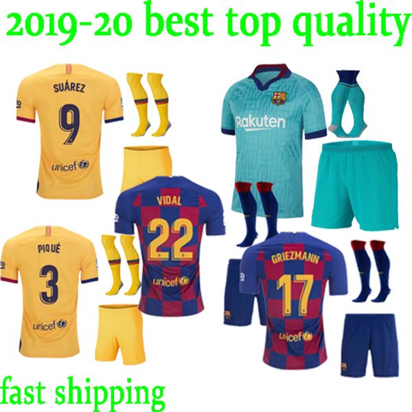 

2019 2020 thai #10 messi #17 griezmann barcelona man men kit set suit home away 9 suarez pique soccer jerseys football shirt custom un, Black