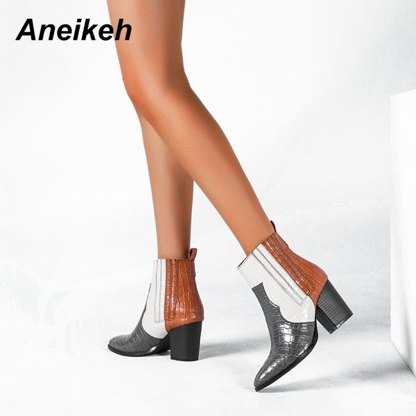 

aneikeh motorcycle western cowboy boots women snake pattern pu leather high heels slip on cowgirl booties ankle botas shoes 43, Black