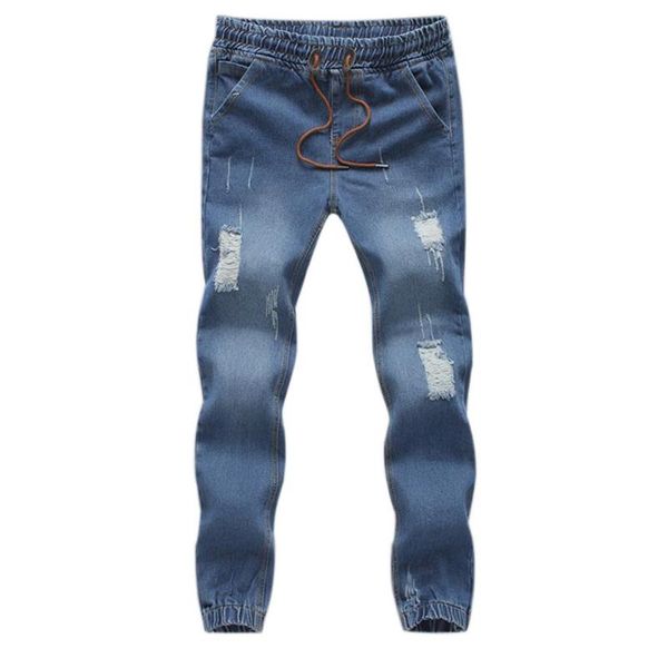 

men fashion jeans drawstring slim denim ankle length casual pants, Blue