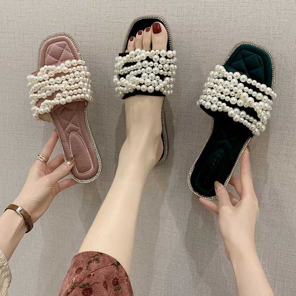 

slippers casual string bead flat shoes female summer woman slipers women slides luxury beach 2020 soft pu rubber slippers, Black