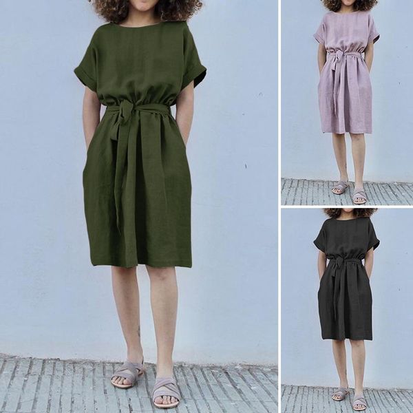 

zanzea 2020 women's sundress short sleeve stylish cotton pockets knee dress casual solid summer vestidos female o neck robe 5xl, Black;gray