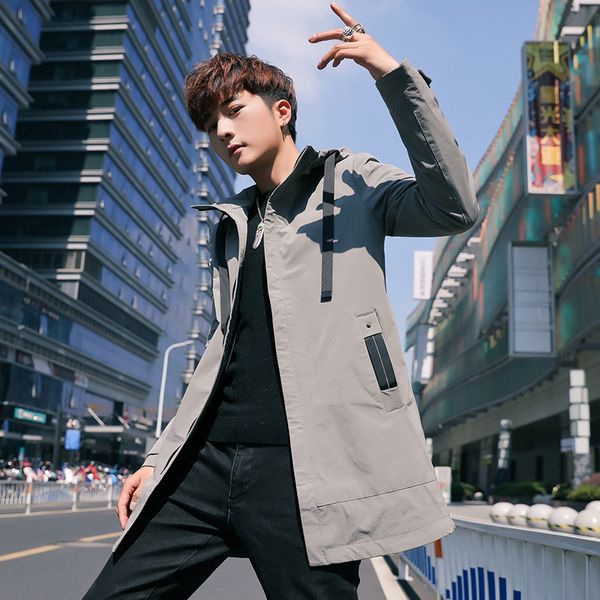 

spring and autumn men's windbreaker 2019 men's jacket flowing handsome long hooded jacket, Black