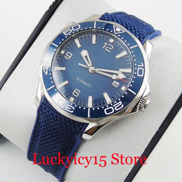 

bliger nologo mechanical men watch 41mm silver case sapphire glass ceramic bezel rubber strap automatic movement, Slivery;brown