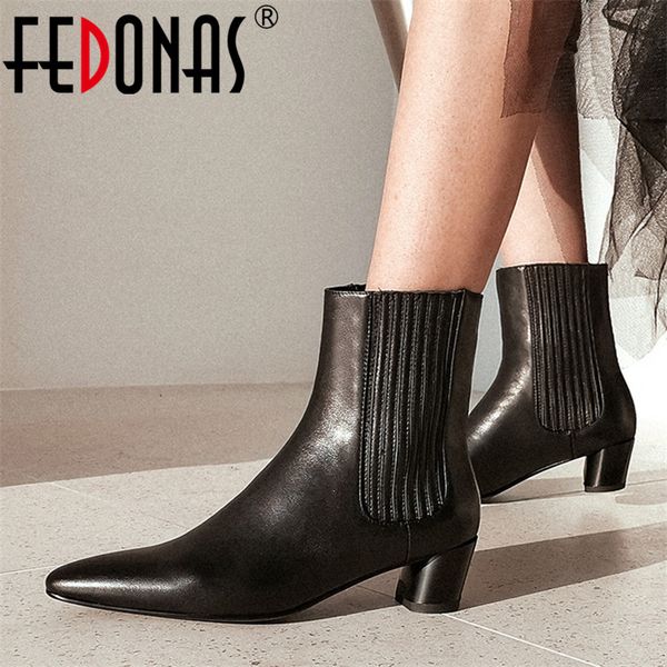 

fedonas new arrival solid fashion elegant party prom shoes woman spring autumn genuine leather pointed toe women ankle boots, Black